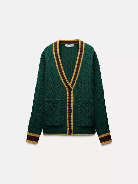 Zara Pants - Zara Emerald Green Cable Knit Cardigan with Gold and Brown Trim